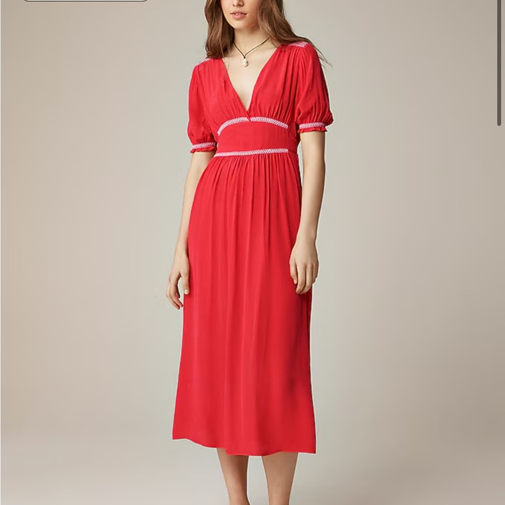 Red Midi Dress with White Trim crepe de chine jcrew